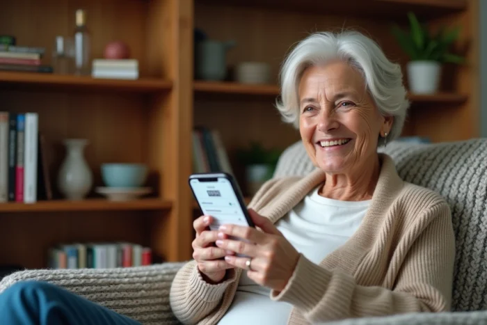 Femme senior gérant facilement son abonnement Altaya depuis son salon avec un smartphone