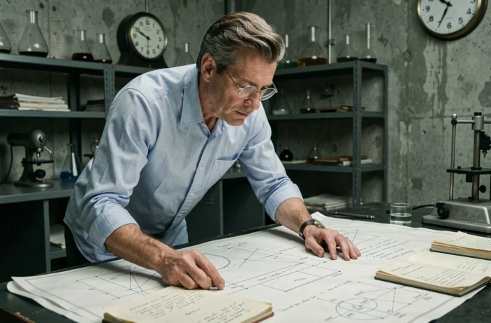 Académicien penché sur des plans scientifiques complexes dans un laboratoire des années 1940, illustrant la réflexion intellectuelle et le génie scientifique d'Oppenheimer