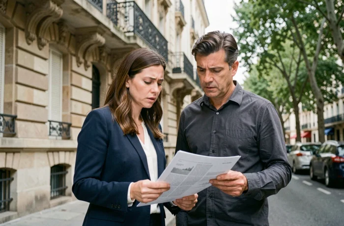 Couple de professionnels examinant des documents immobiliers devant un immeuble haussmannien à Lyon