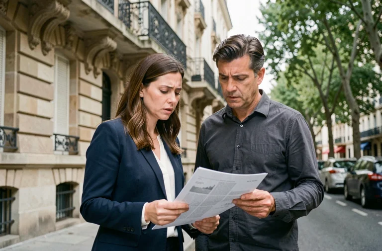 Couple de professionnels examinant des documents immobiliers devant un immeuble haussmannien à Lyon