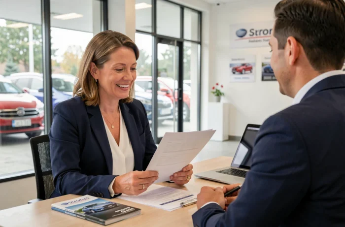 Cliente en train de signer un contrat d'achat de véhicule d'occasion chez Spoticar Valence