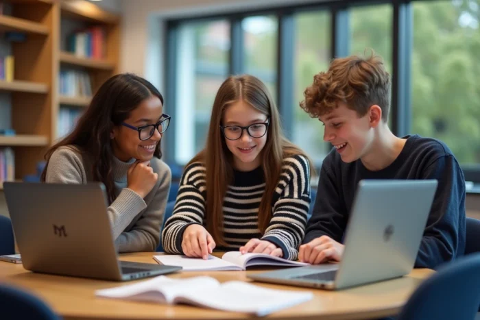 Groupe d'adolescents discutant ensemble d'orientation professionnelle autour d'une table dans une bibliothèque scolaire