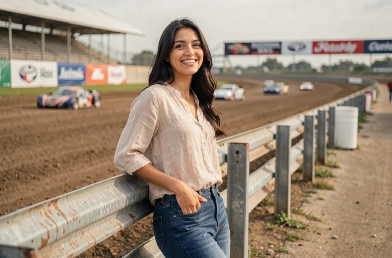 Femme aux longs cheveux bruns souriante au bord d'un circuit de course automobile, illustrant l'univers du MotoGP et l'histoire d'amour d'Adriana Tuchyna et Casey Stoner