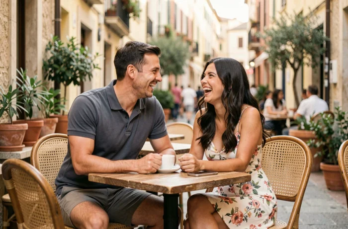 Couple souriant attablé en terrasse d'un café européen, évoquant la vie amoureuse et le quotidien partagé d'Adriana Tuchyna et du champion MotoGP Casey Stoner