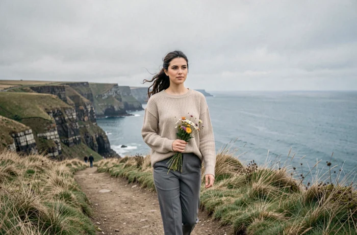 Jeune femme aux cheveux bruns se promenant sur un sentier côtier avec des fleurs sauvages, symbole de l'élégance naturelle et de la vie personnelle d'Adriana Tuchyna, épouse de Casey Stoner