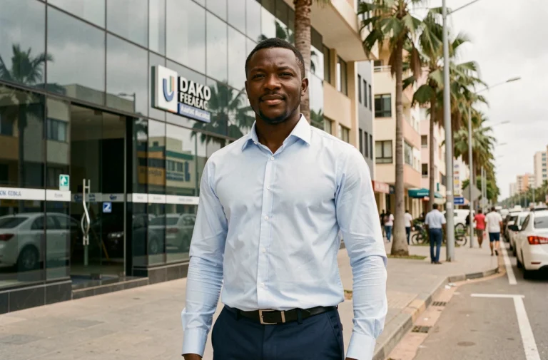 Agent immobilier sénégalais devant une agence immobilière moderne à Dakar