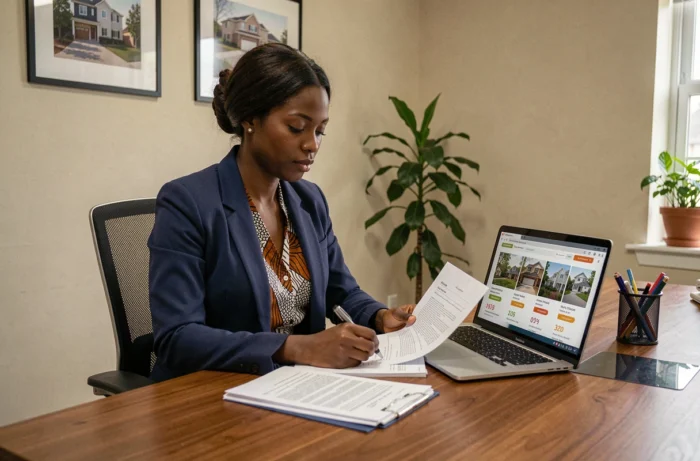 Agente immobilière sénégalaise travaillant sur des dossiers de vente immobilière dans un bureau professionnel