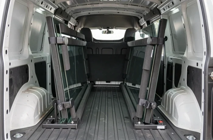 Aménagement spécifique pour transport de vitrage dans un Peugeot Expert, bras supports mousses et pinces caoutchouc maintenant des panneaux de verre verticaux dans des racks latéraux