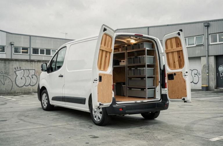 Fourgon Peugeot Expert aménagé avec plancher bois, étagères aluminium et bacs de rangement modulaires, portes arrière ouvertes sur un quai industriel urbain