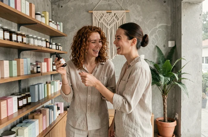 Deux amies comparant des produits de soin naturels dans une boutique beauté minimaliste et tendance