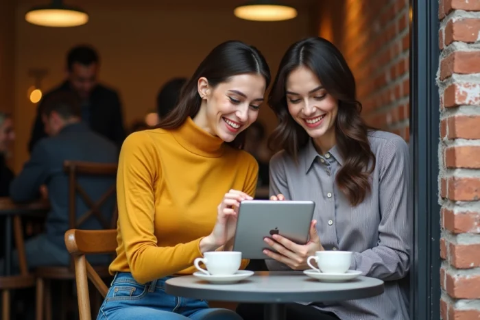 Deux amies comparant des codes promo Zalando sur une tablette dans un café