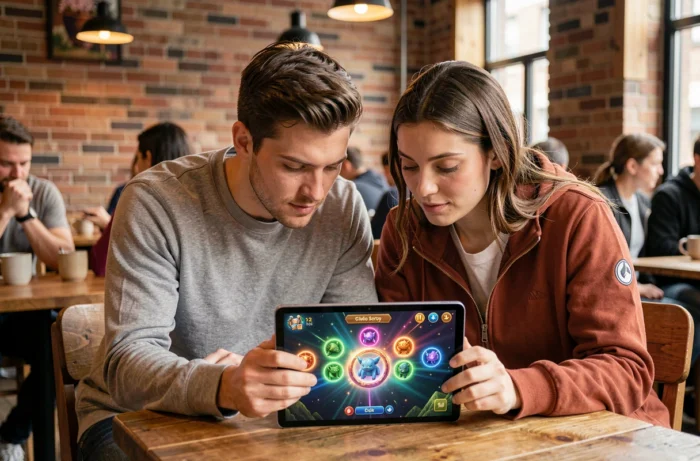Deux amis partageant des astuces pour capturer Hoopa sur Pokéclicker dans un café urbain