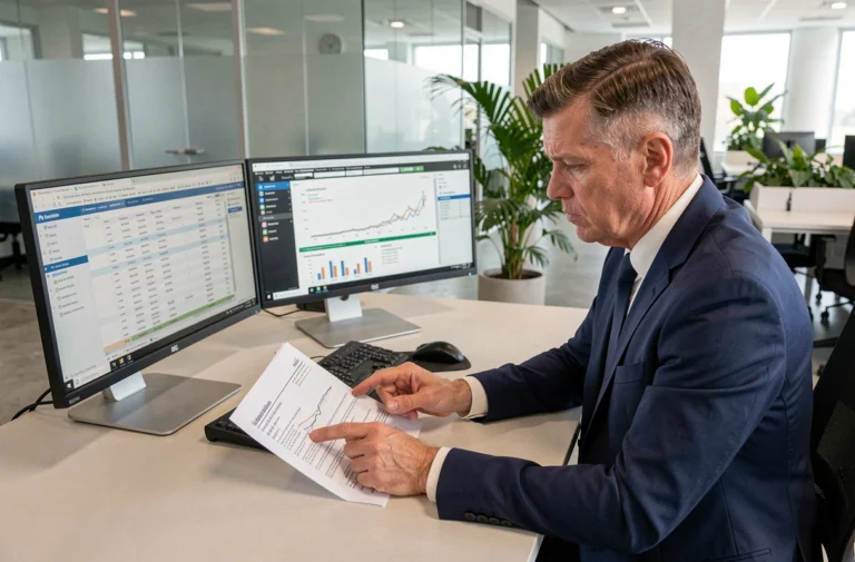 Responsable financier analysant un relevé bancaire professionnel avec un prélèvement Diot Siaci identifié sur le document
