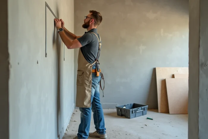 Artisan du bâtiment mesurant un mur en plâtre dans une pièce en cours de rénovation intérieure