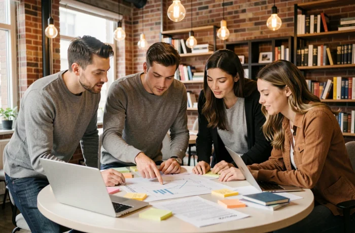 Équipe de professionnels collaborant lors d'un atelier de formation stratégique autour d'une table dans un espace de coworking