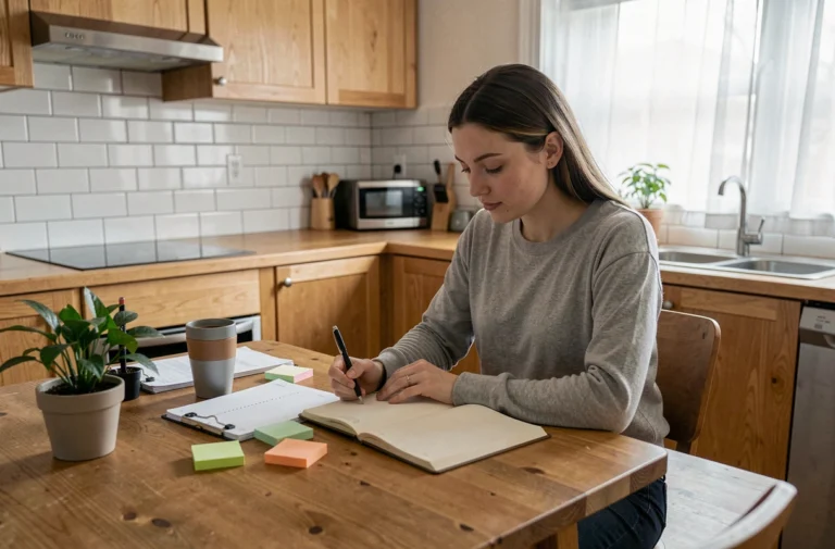 Jeune femme assise à une table en bois avec un carnet, des notes et un café, symbolisant l'autonomie au quotidien