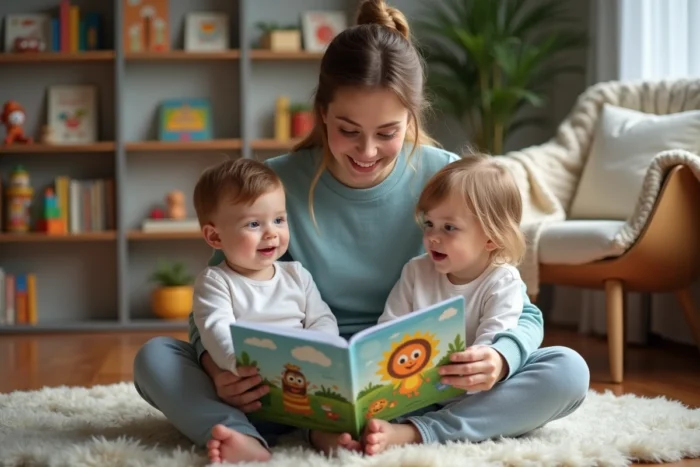 Jeune baby-sitter lisant un livre illustré à deux enfants en bas âge dans un salon chaleureux