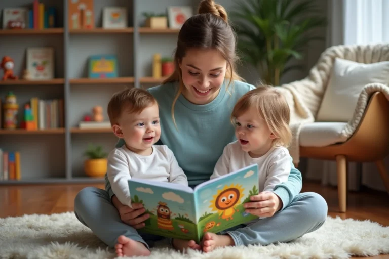 Jeune baby-sitter lisant un livre illustré à deux enfants en bas âge dans un salon chaleureux