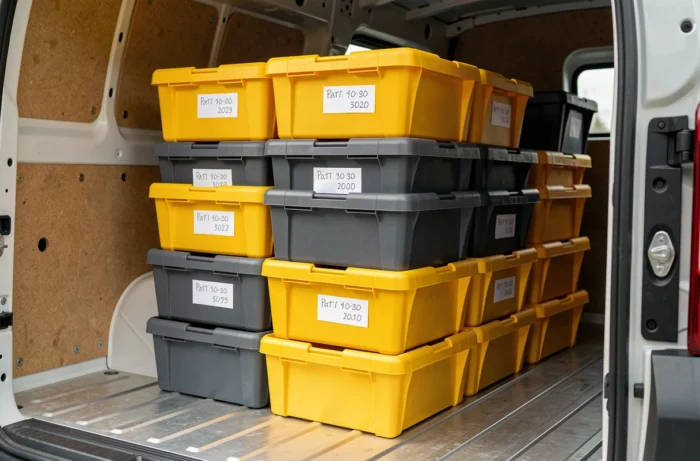Bacs de rangement empilables normalisés jaunes et gris organisés dans la zone de charge d'un Peugeot Expert, poignées moulées et étiquettes de référence visibles