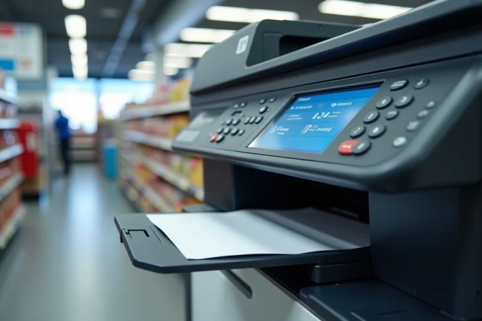 Gros plan sur l'interface d'une borne d'impression et photocopie dans un magasin Carrefour