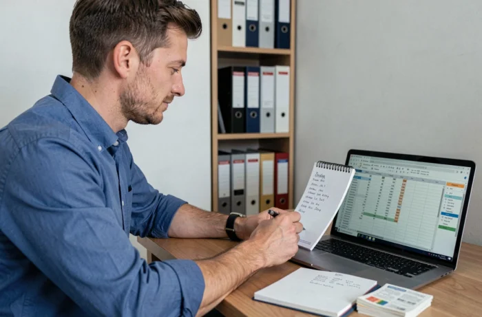 Homme consultant un budget personnel sur ordinateur portable et carnet de suivi hebdomadaire à son bureau