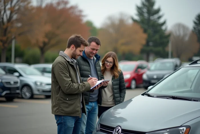 Groupe de covoitureurs calculant les frais de carburant sur un carnet à côté d'une voiture dans un parking