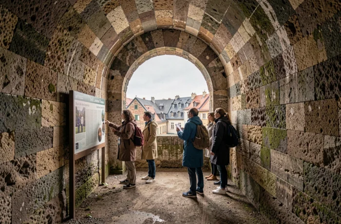Intérieur des casemates du Bock à Luxembourg avec des visiteurs explorant les tunnels de grès médiévaux