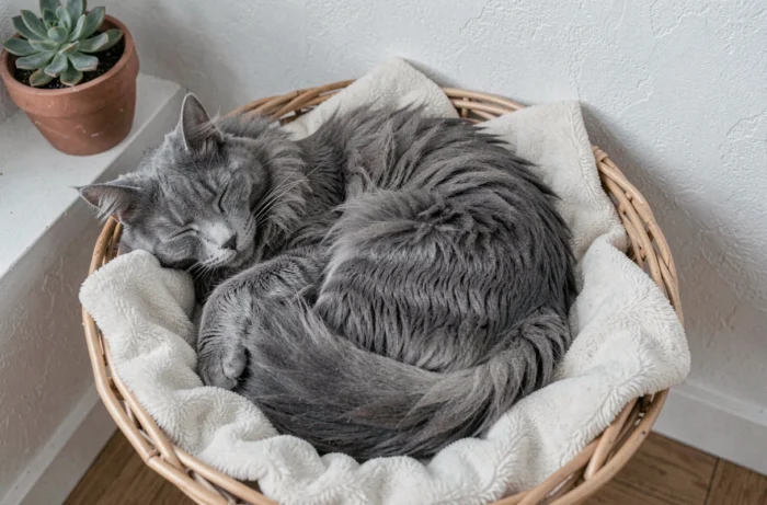 Chat gris aux poils longs endormi en boule dans un panier en osier douillet, symbolisant le repos et le bien-être quotidien du chat
