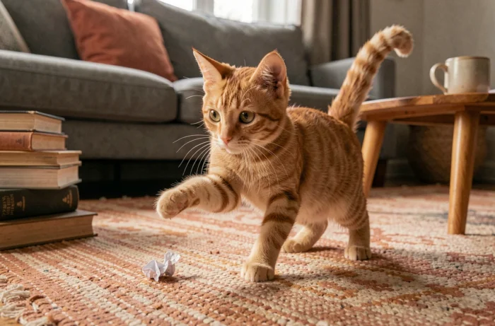 Jeune chat roux en train de jouer avec un jouet sur un tapis en laine dans un salon chaleureux, illustrant le comportement ludique des chats