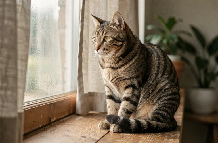 Chat tigré adulte assis sur un rebord de fenêtre en bois, observant l'extérieur avec curiosité dans un intérieur calme et cosy