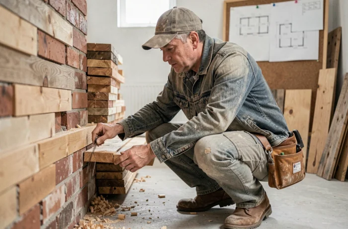 Chip Gaines inspectant les travaux de rénovation d'une maison en 2026, homme en tenue de chantier examinant des détails de construction authentiques
