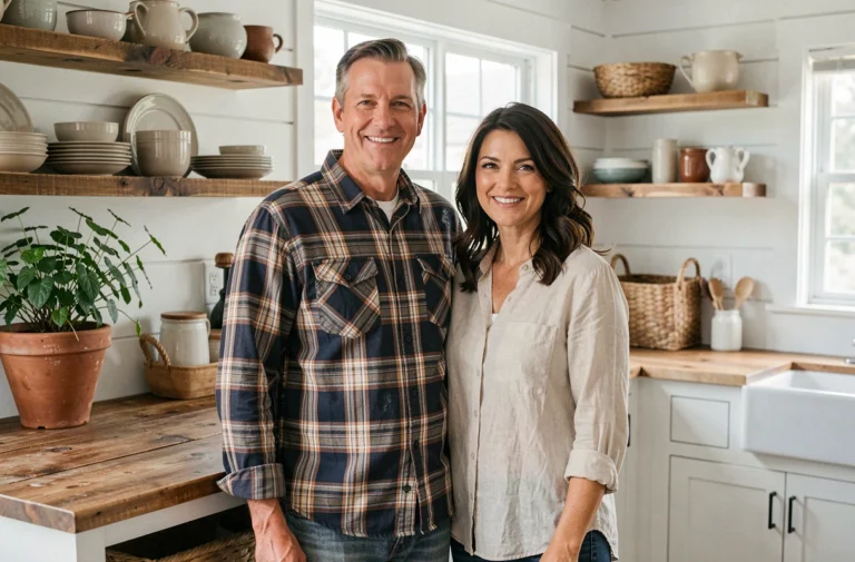 Chip et Joanna Gaines dans leur cuisine de ferme rénovée en 2026, couple souriant entouré de matériaux naturels et d'une décoration rustique moderne