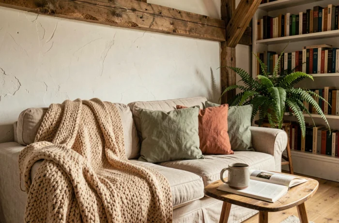 Coin salon chaleureux avec canapé en lin, plaid en maille épaisse et table en bois rustique pour une atmosphère accueillante