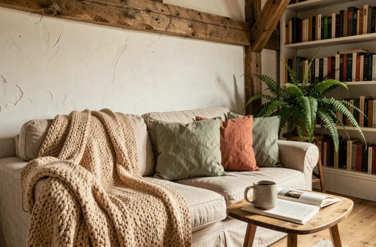 Coin salon chaleureux avec canapé en lin, plaid en maille épaisse et table en bois rustique pour une atmosphère accueillante
