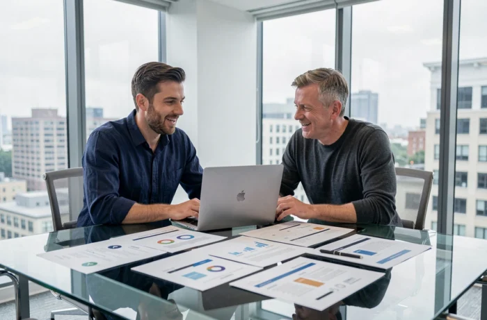 Deux professionnels du web en réunion de collaboration sur des maquettes UX dans un espace de coworking moderne