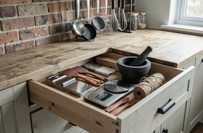 Collection d'ustensiles et gadgets gourmands sur un plan de travail en bois rustique avec balance de cuisine et mandoline