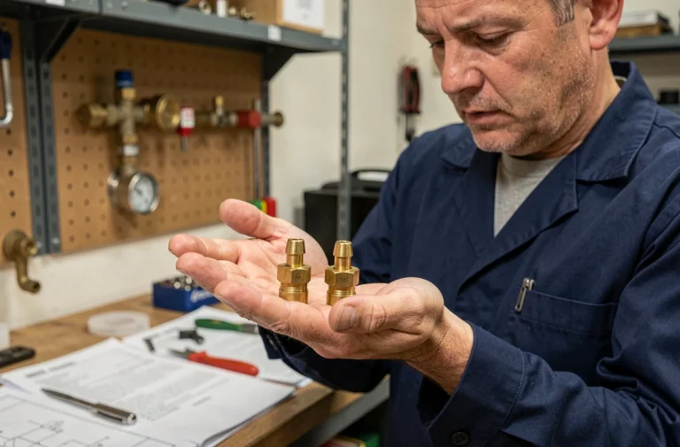 Technicien comparant deux gicleurs gaz G20 et G30 en laiton dans un atelier de plomberie