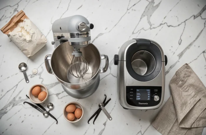 Comparaison côte à côte d'un robot pâtissier et d'un Thermomix entourés d'ingrédients de pâtisserie sur marbre blanc