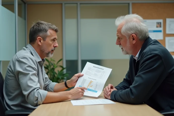 Conseiller Pôle Emploi expliquant les trimestres de retraite et les pièges du CSP à un demandeur d'emploi senior lors d'un entretien dans une agence