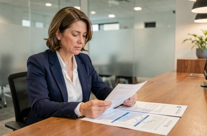 Conseillère bancaire Crédit Agricole examinant des documents de compte titre ordinaire au bureau