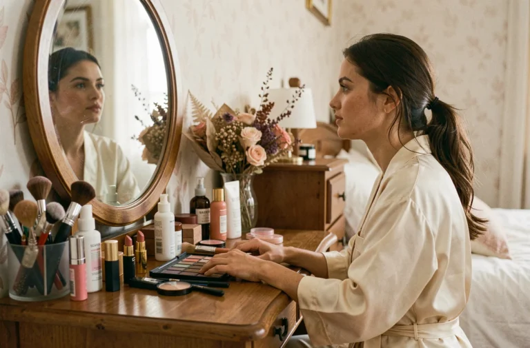 Jeune femme en robe de satin devant sa coiffeuse entourée de produits de beauté et de pinceaux de maquillage