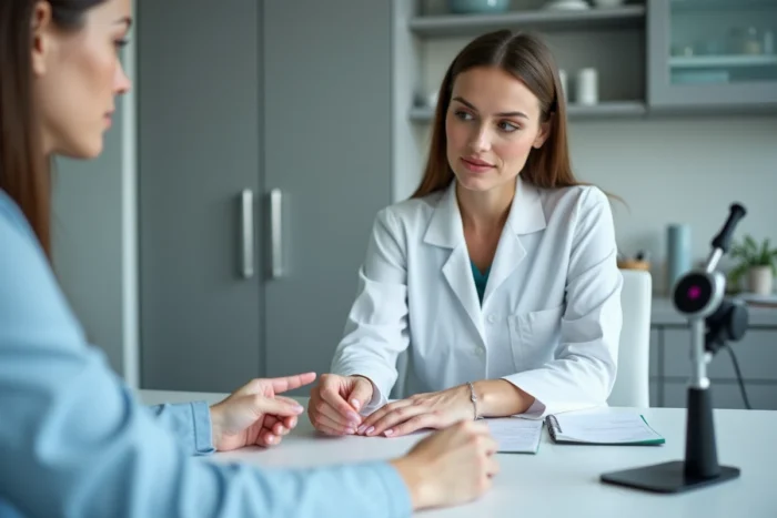 Dermatologue examinant les ongles déformés d'une patiente lors d'une consultation médicale pour une matrice de l'ongle endommagée