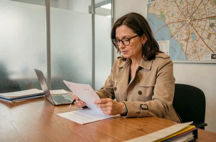 Femme lisant attentivement un contrat immobilier dans une agence à Lyon