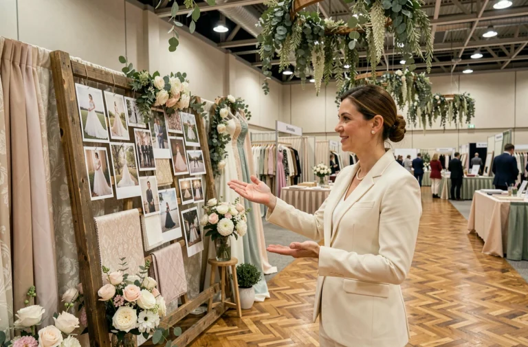 Coordinatrice de salon du mariage présentant un stand décoré avec des arrangements floraux et des échantillons de tissus lors d'un salon spécialisé
