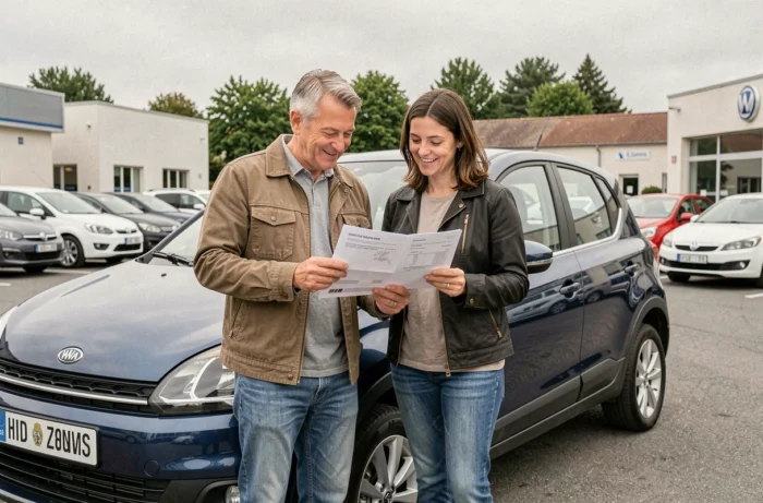 Couple satisfait consultant le rapport d'inspection d'un SUV d'occasion chez Spoticar Valence
