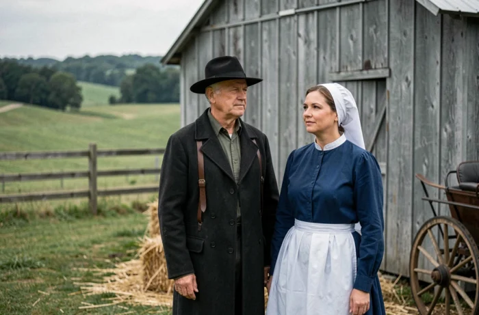 Couple Amish devant une grange traditionnelle en bois grisé dans la campagne de Pennsylvanie, représentant les valeurs et le mode de vie communautaire Amish