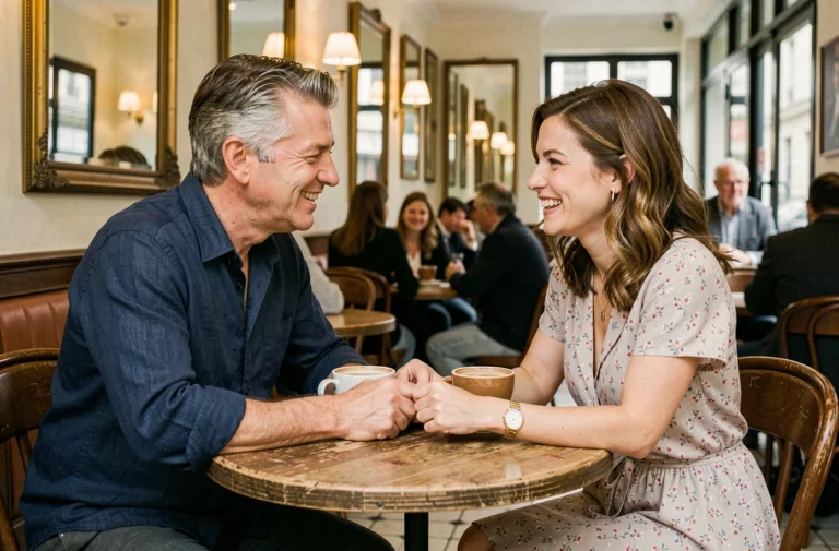 Couple amoureux partageant un moment complice dans un café parisien vintage, histoire d'amour romantique