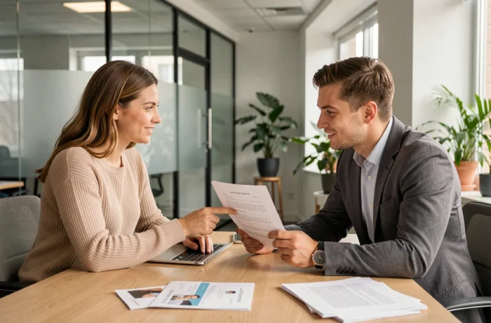 Couple discutant d'un contrat d'assurance auto avec un conseiller dans une agence, pour trouver la formule adaptée à leur budget