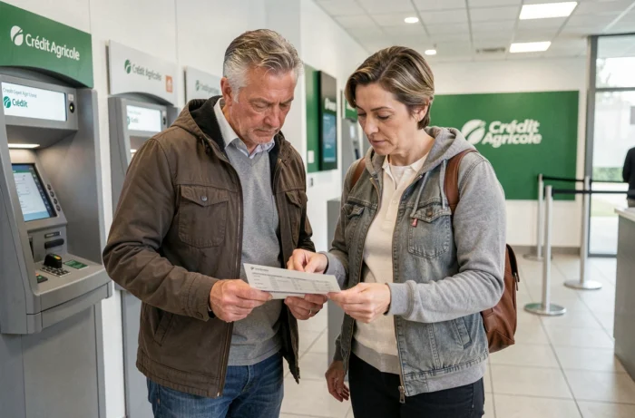 Couple consultant un relevé de compte titre ordinaire dans une agence Crédit Agricole