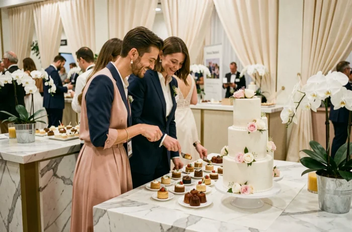 Couple dégustant des mini-desserts de mariage et admirant une pièce montée lors d'un salon spécialisé en organisation de mariage